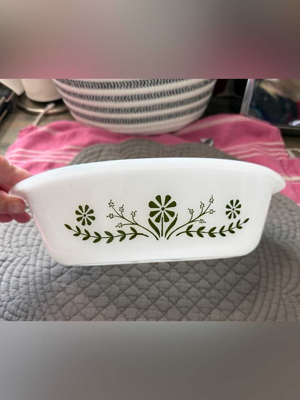 Vintage White Milk Glass Casserole Dish with Green Floral Pattern and Glass Lid - Picture 2 of 7